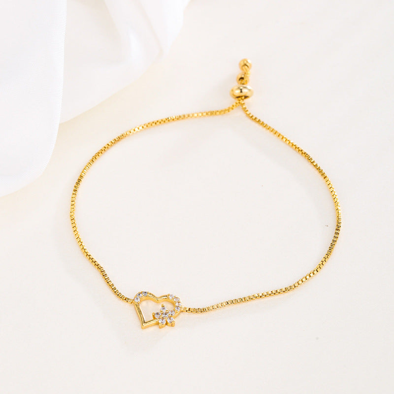 Heart Shape Copper Bracelet For Women In With Electroplated Gold Plating And Rhinestone Inlay