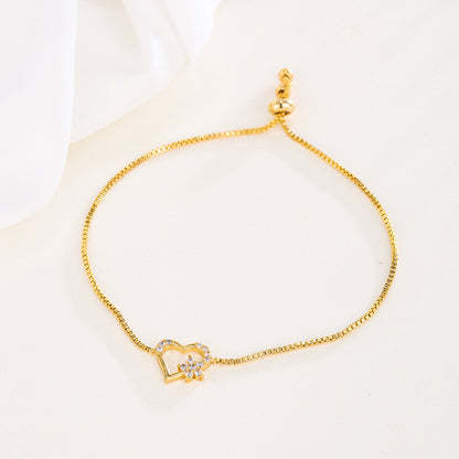 Heart Shape Copper Bracelet For Women In With Electroplated Gold Plating And Rhinestone Inlay