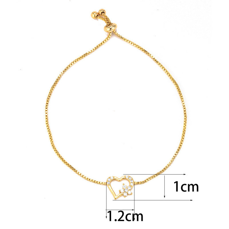 Heart Shape Copper Bracelet For Women In With Electroplated Gold Plating And Rhinestone Inlay