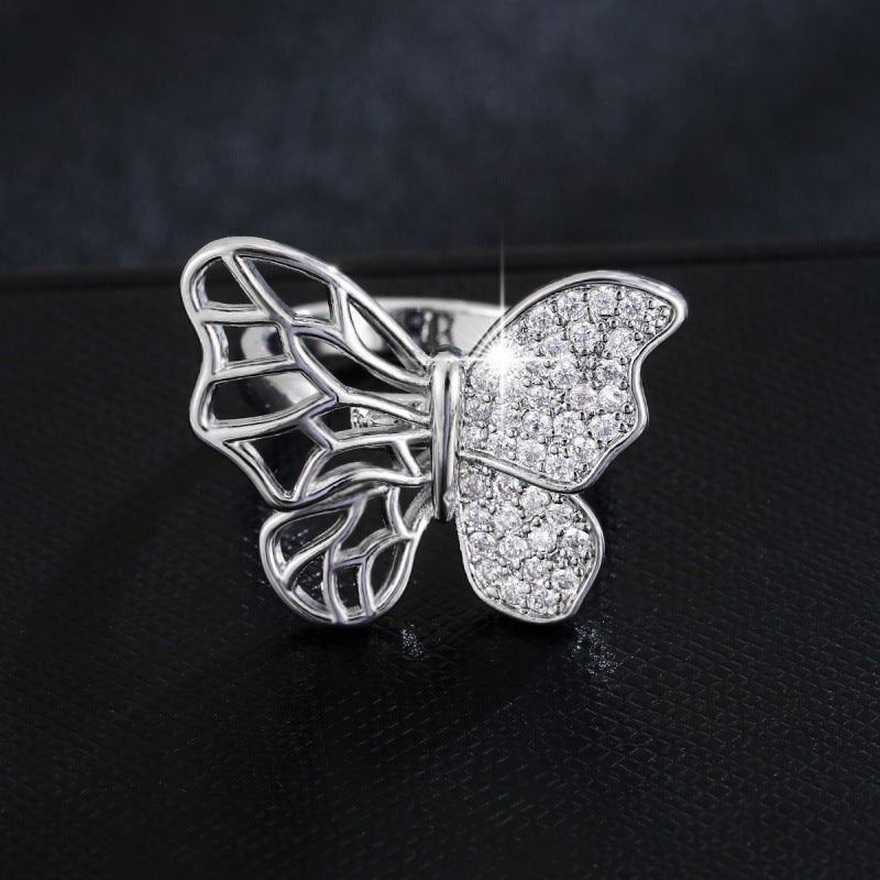 Women’s Butterfly Open Ring In Gold Electroplated Copper With Zircon Inlay