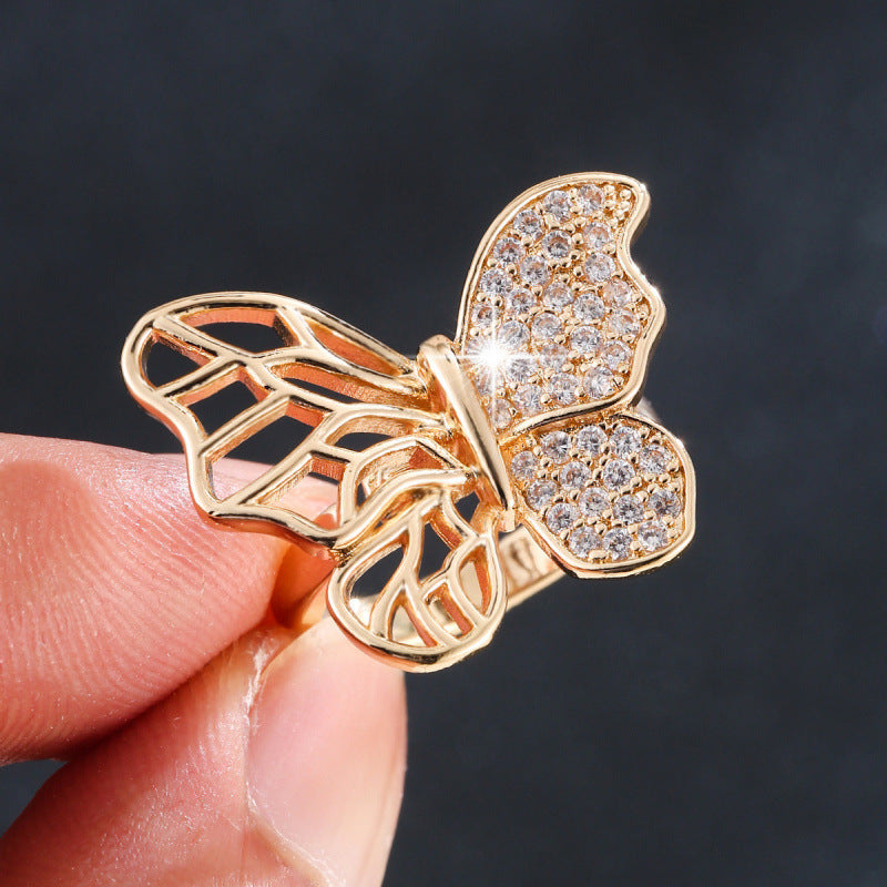 Women’s Butterfly Open Ring In Gold Electroplated Copper With Zircon Inlay