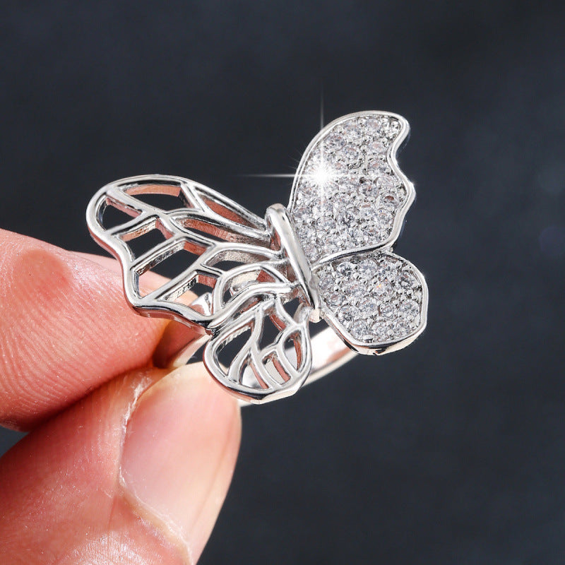 Women’s Butterfly Open Ring In Gold Electroplated Copper With Zircon Inlay