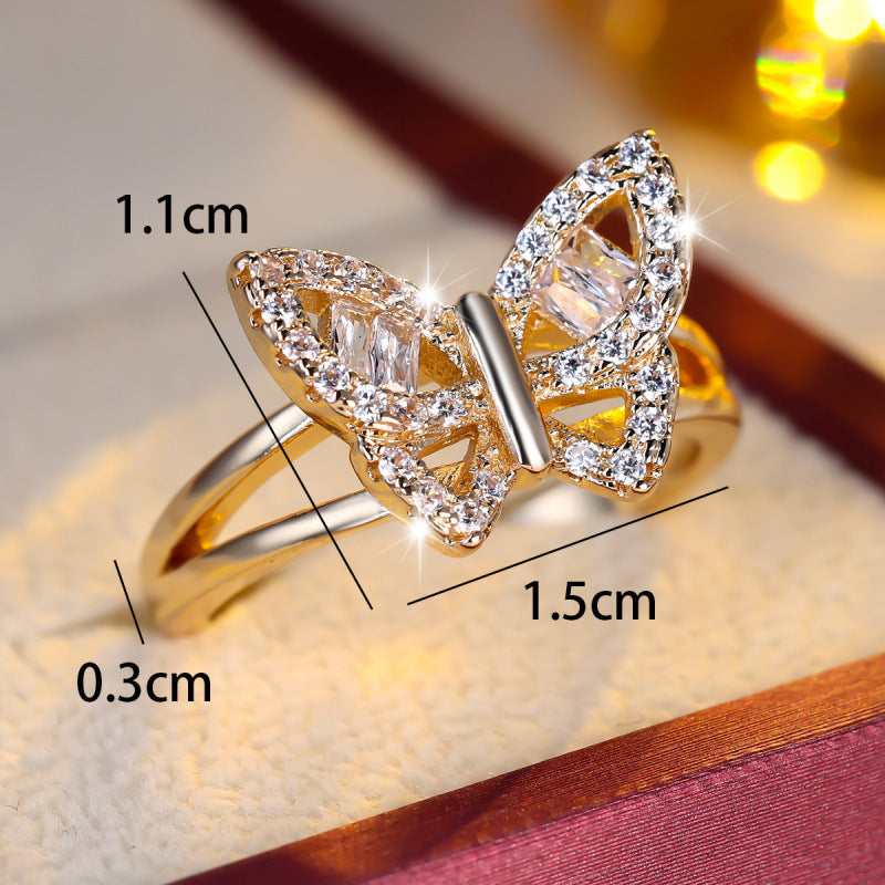 Butterfly Copper Ring For Women With Zircon Inlay In Gold, Perfect For Spring