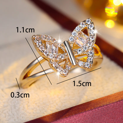 Butterfly Copper Ring For Women With Zircon Inlay In Gold, Perfect For Spring