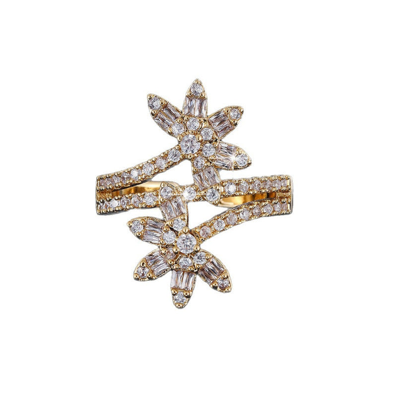 Elegant Flowers Open Ring For Women In Gold Copper With Zircon Inlay