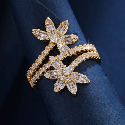 Elegant Flowers Open Ring For Women In Gold Copper With Zircon Inlay