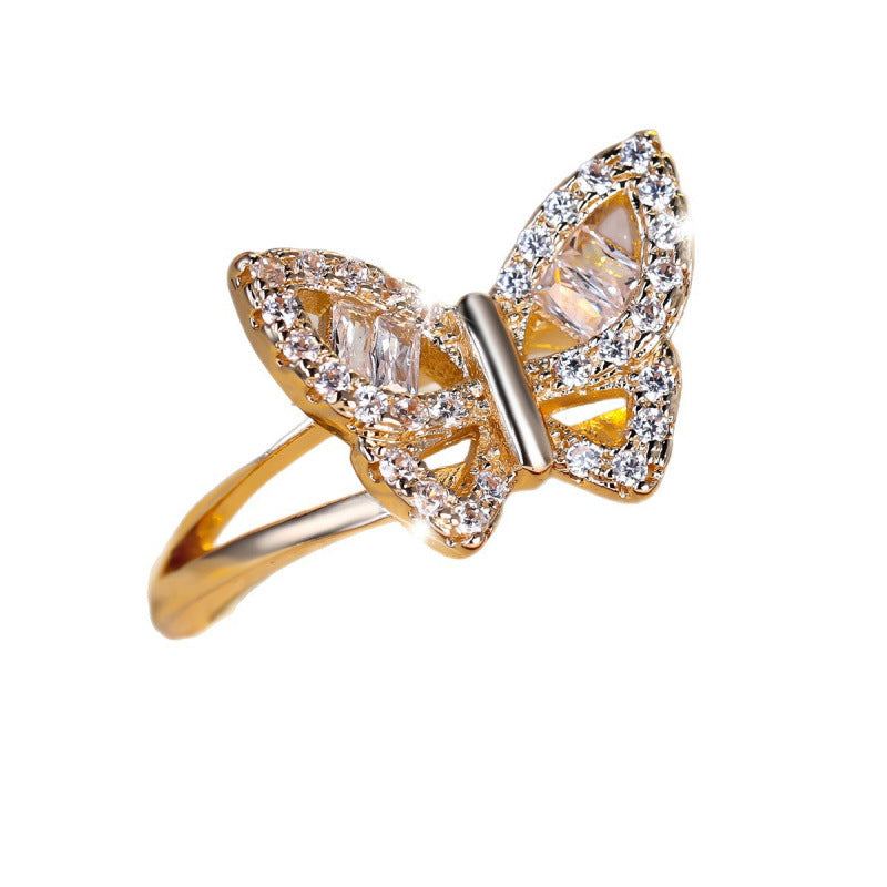 Butterfly Copper Ring For Women With Zircon Inlay In Gold, Perfect For Spring