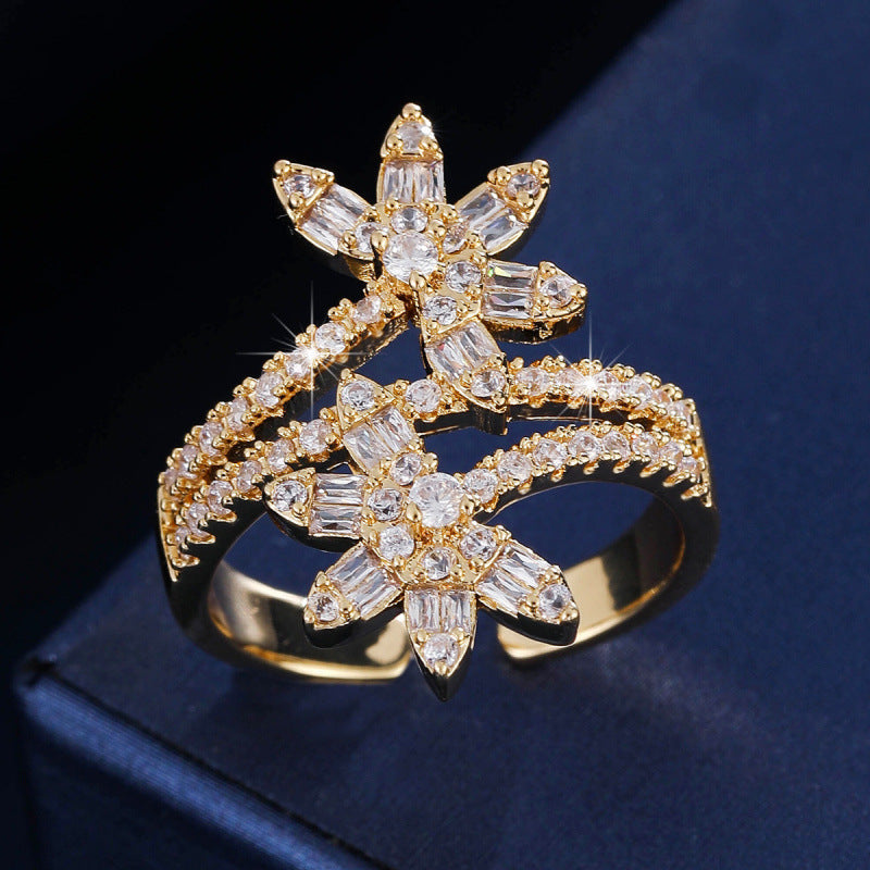 Elegant Flowers Open Ring For Women In Gold Copper With Zircon Inlay