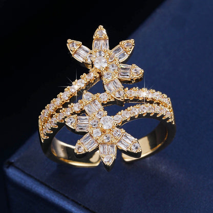 Elegant Flowers Open Ring For Women In Gold Copper With Zircon Inlay