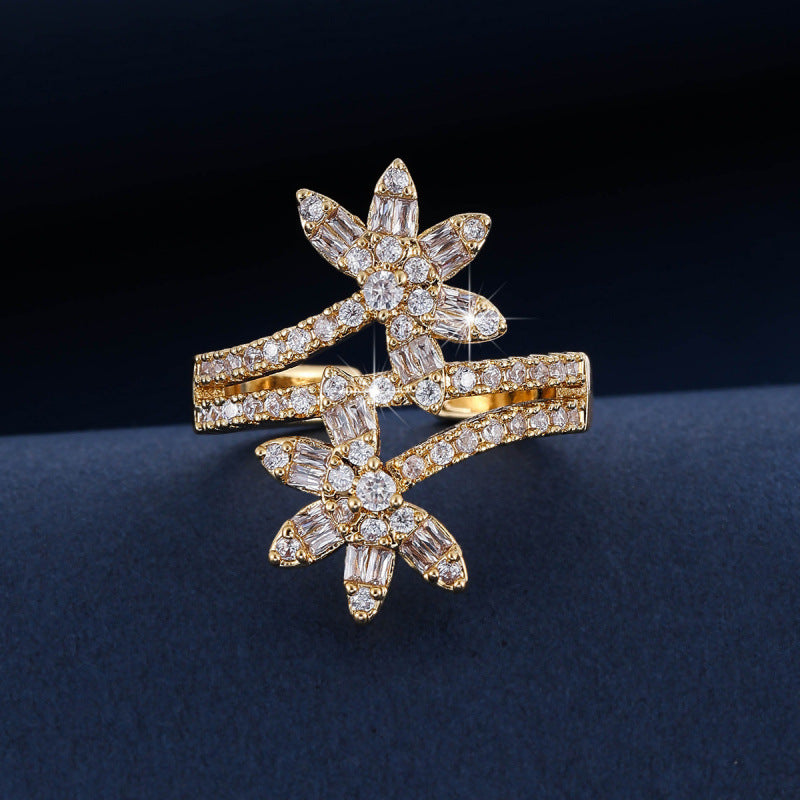 Elegant Flowers Open Ring For Women In Gold Copper With Zircon Inlay