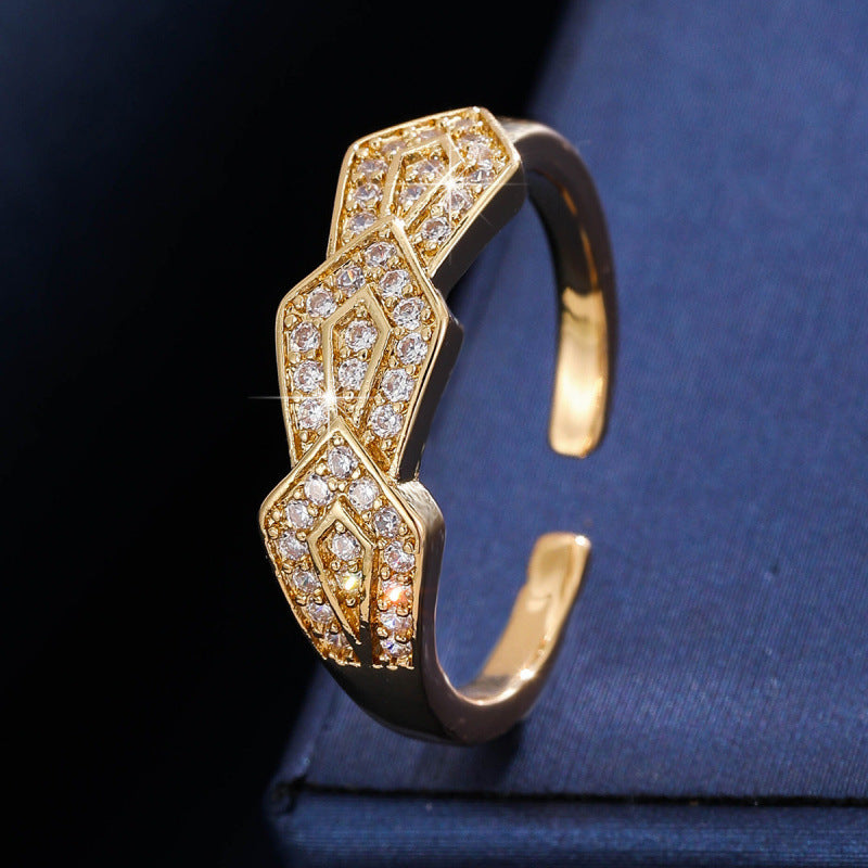 Geometric Copper Ring For Women With Zircon Inlay In Gold Featuring Bezel Setting