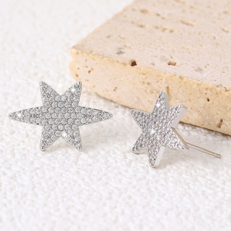 Hexagram Stud Earrings For Women With Copper Bezel Setting And Zircon Inlay Material