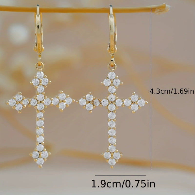 Cross Earrings For Women With Copper Studs Featuring Bezel Setting And Rhinestone Inlay