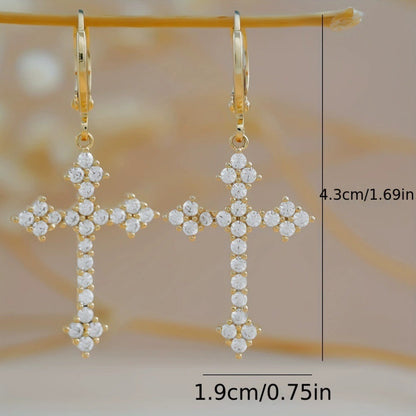 Cross Earrings For Women With Copper Studs Featuring Bezel Setting And Rhinestone Inlay