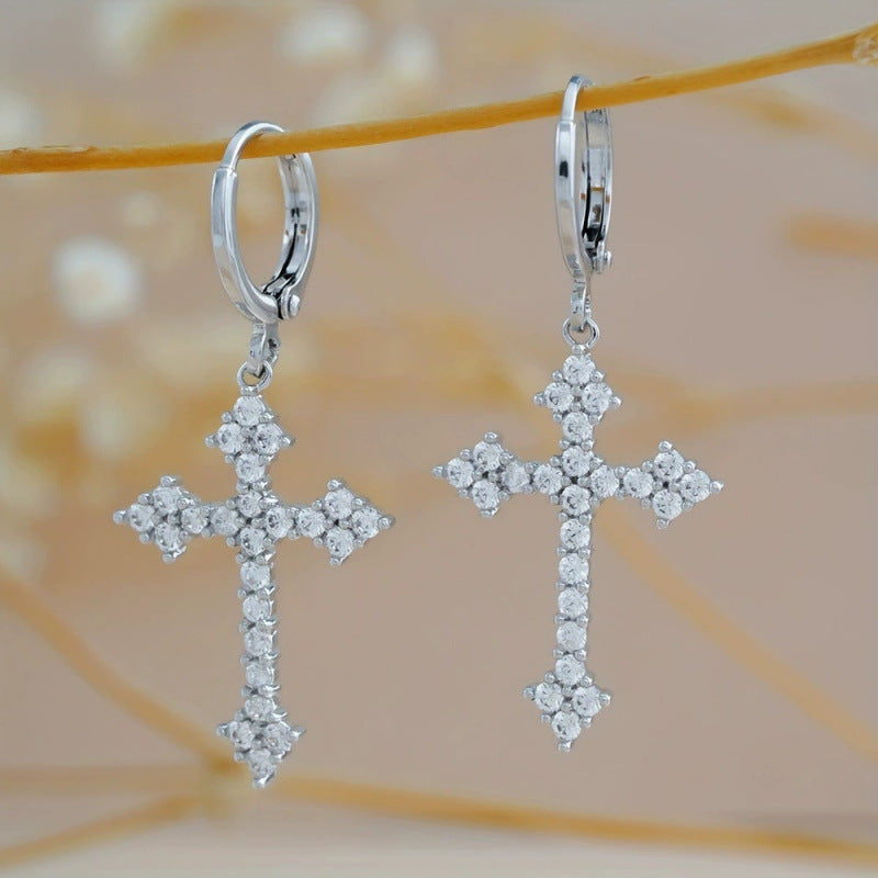Cross Earrings For Women With Copper Studs Featuring Bezel Setting And Rhinestone Inlay