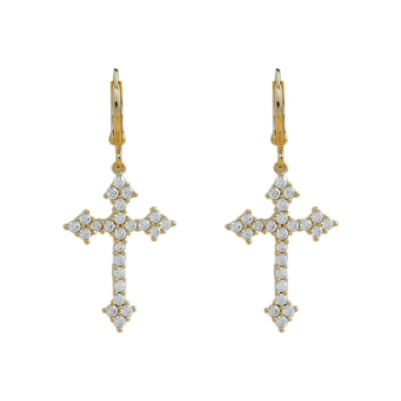 Cross Earrings For Women With Copper Studs Featuring Bezel Setting And Rhinestone Inlay