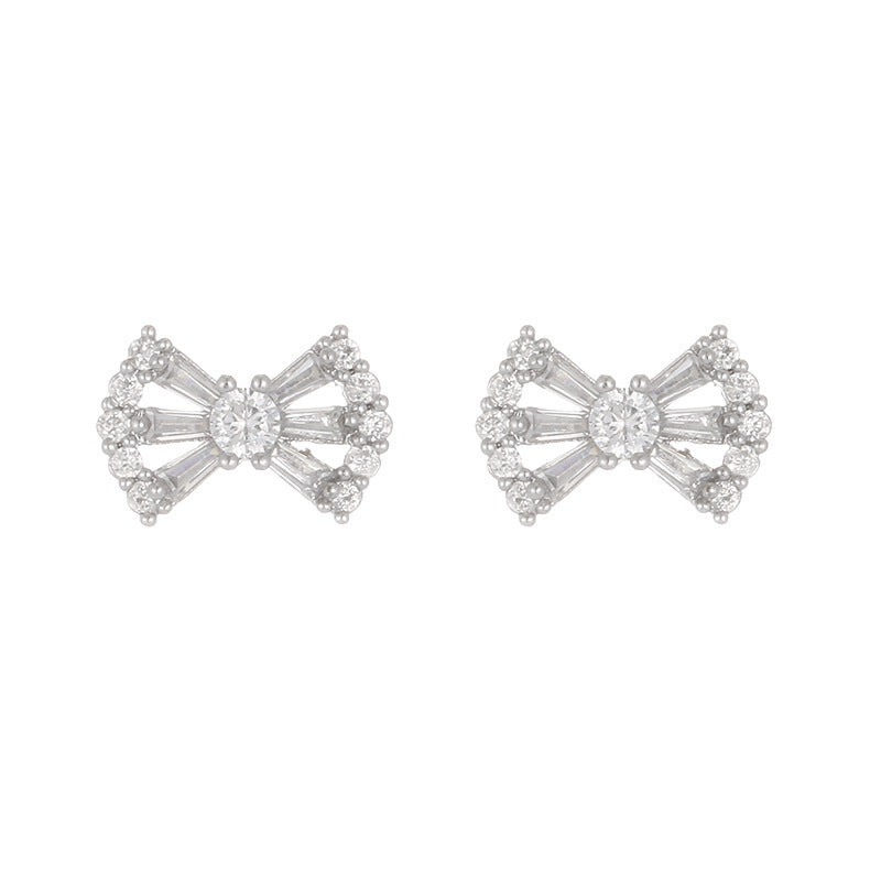 Bow Tie Stud Earrings With Copper And Zircon Inlay, Featuring 925 Sterling Silver Ear Pins In White