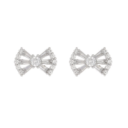 Bow Tie Stud Earrings With Copper And Zircon Inlay, Featuring 925 Sterling Silver Ear Pins In White