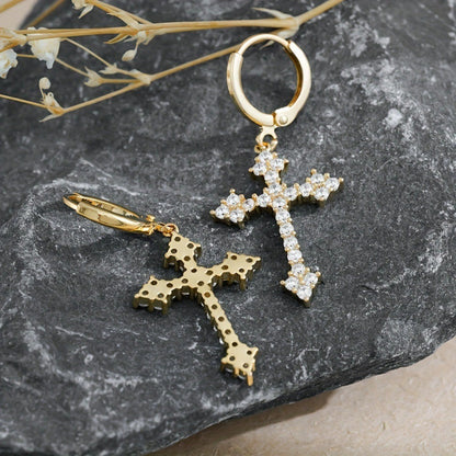 Cross Earrings For Women With Copper Studs Featuring Bezel Setting And Rhinestone Inlay