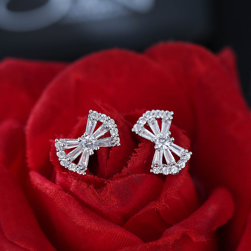 Bow Tie Stud Earrings With Copper And Zircon Inlay, Featuring 925 Sterling Silver Ear Pins In White