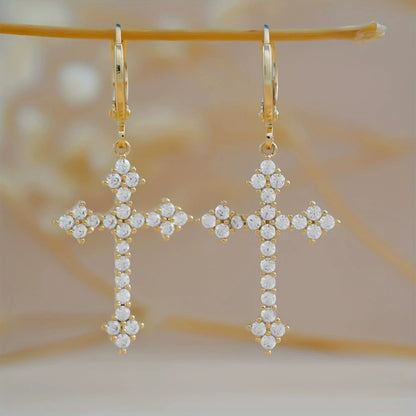 Cross Earrings For Women With Copper Studs Featuring Bezel Setting And Rhinestone Inlay