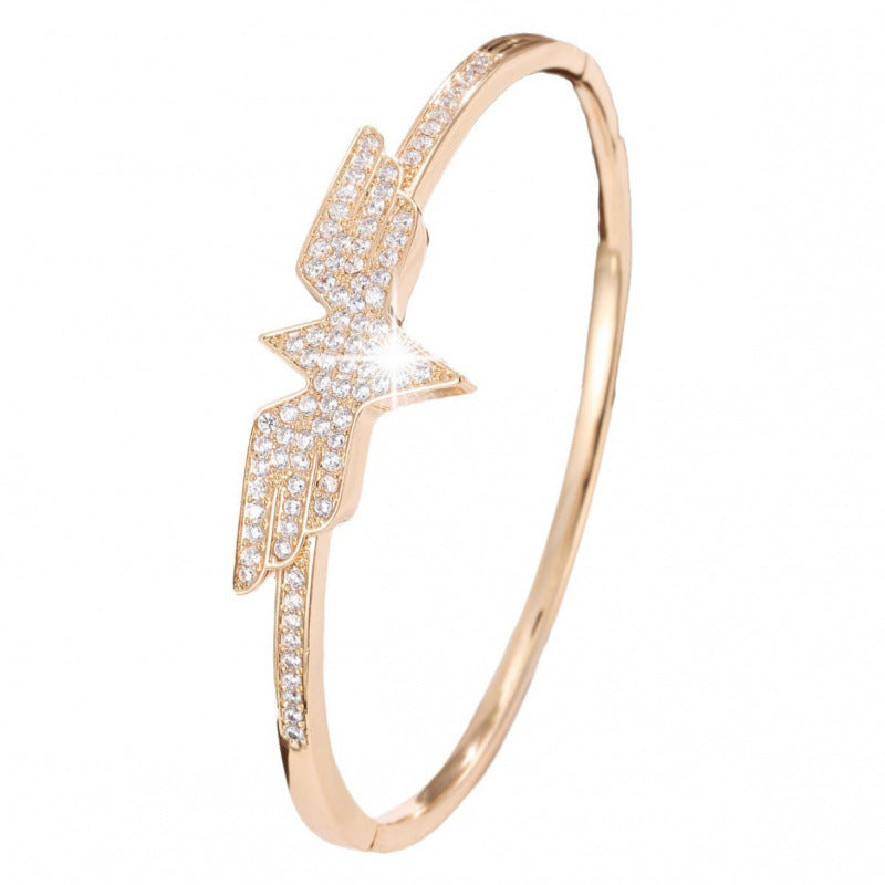 Exaggerated Bird Inlay Bangle In Copper With Zircon Electroplated Gold Plating Process