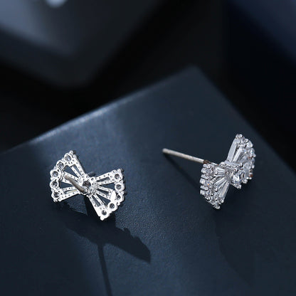 Bow Tie Stud Earrings With Copper And Zircon Inlay, Featuring 925 Sterling Silver Ear Pins In White