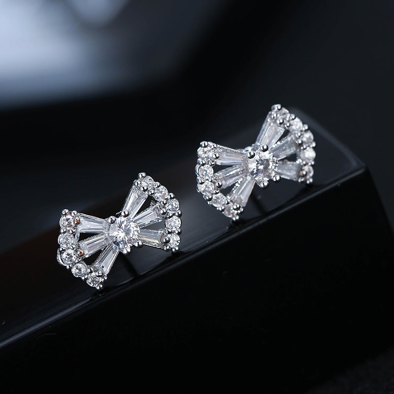 Bow Tie Stud Earrings With Copper And Zircon Inlay, Featuring 925 Sterling Silver Ear Pins In White