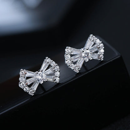 Bow Tie Stud Earrings With Copper And Zircon Inlay, Featuring 925 Sterling Silver Ear Pins In White