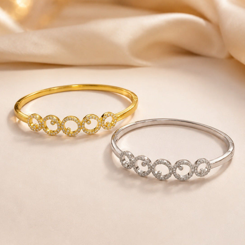 Simple Style Circle Inlay Bangle For Women, Electroplated Copper With Zircon Inlay