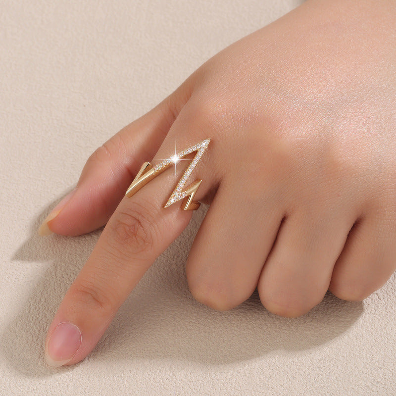 Lightning Pattern Copper Ring For Women With Zircon Inlay In Gold