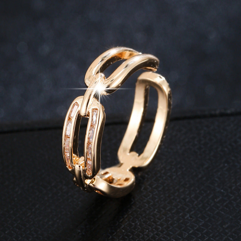 Vintage Style Chains Print Open Rings For Women In Gold Copper With Zircon Inlay