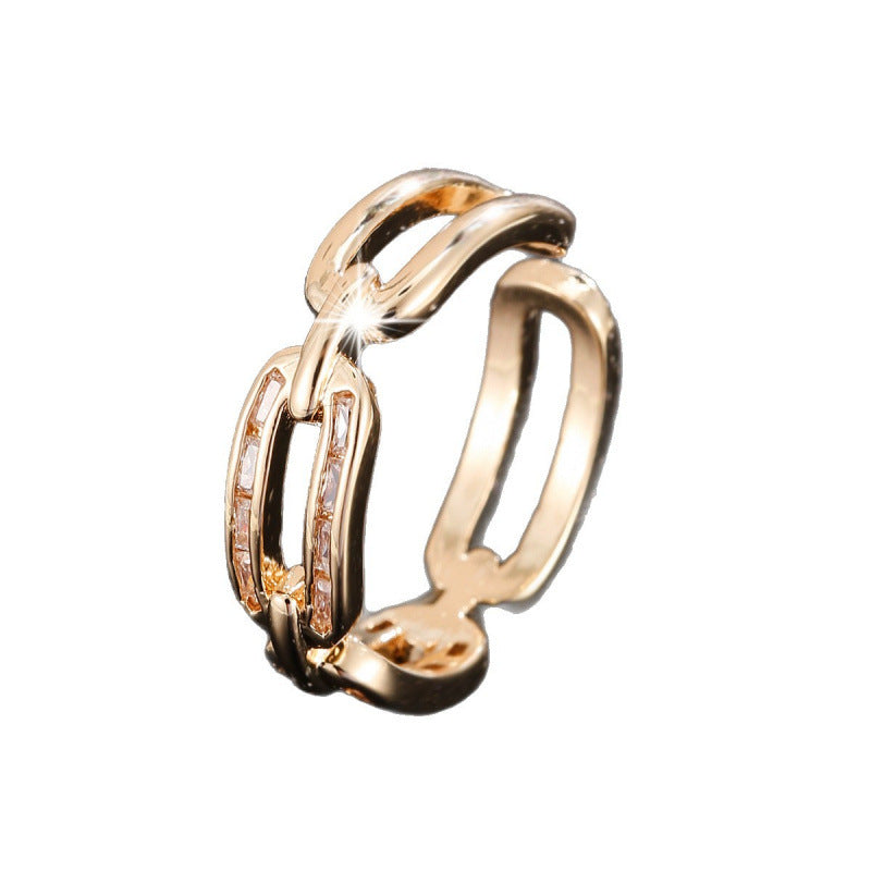 Vintage Style Chains Print Open Rings For Women In Gold Copper With Zircon Inlay