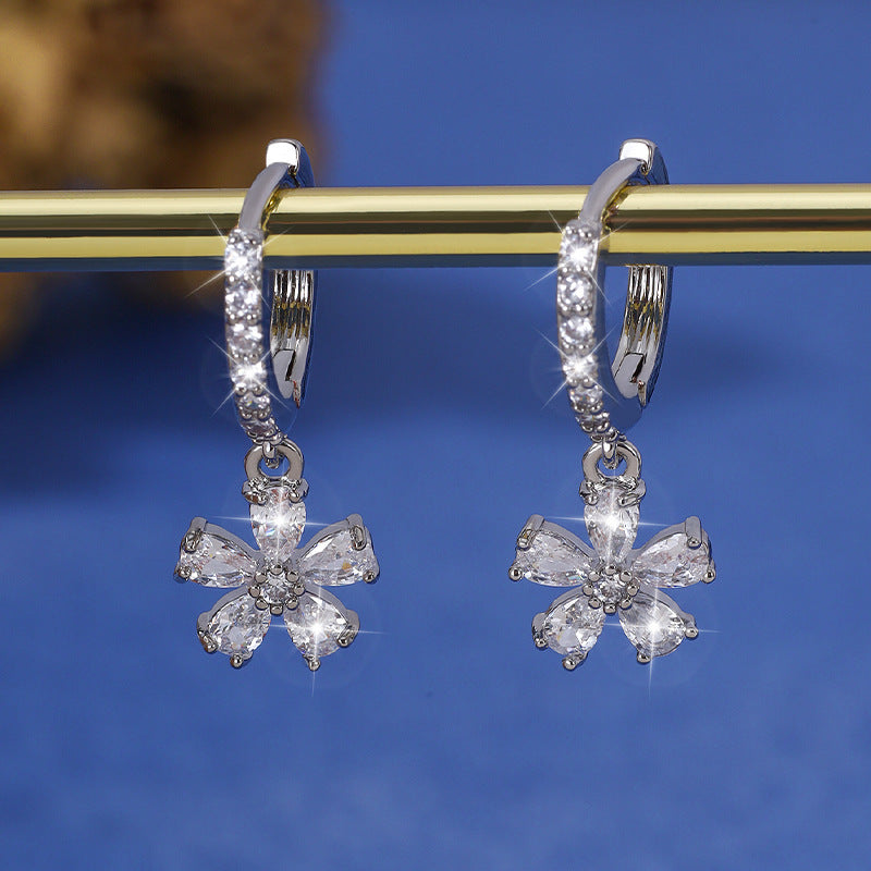 Flowers Stud Earrings In Copper Alloy With Zircon Inlay, For Women Featuring Copper Ear Pins