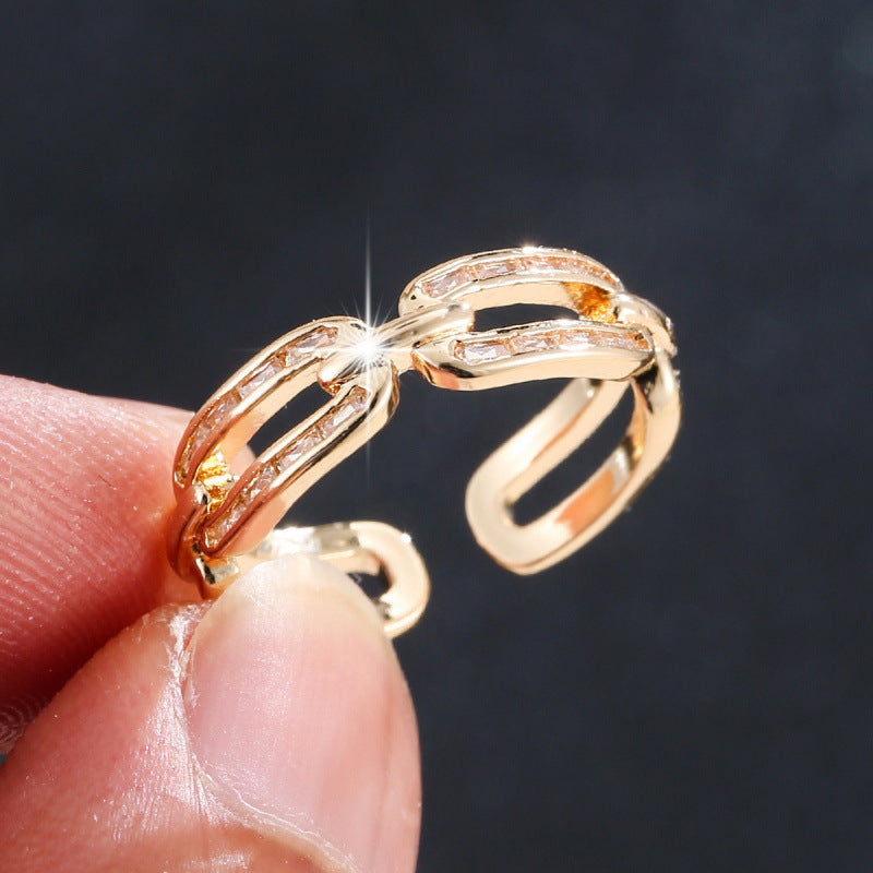 Vintage Style Chains Print Open Rings For Women In Gold Copper With Zircon Inlay