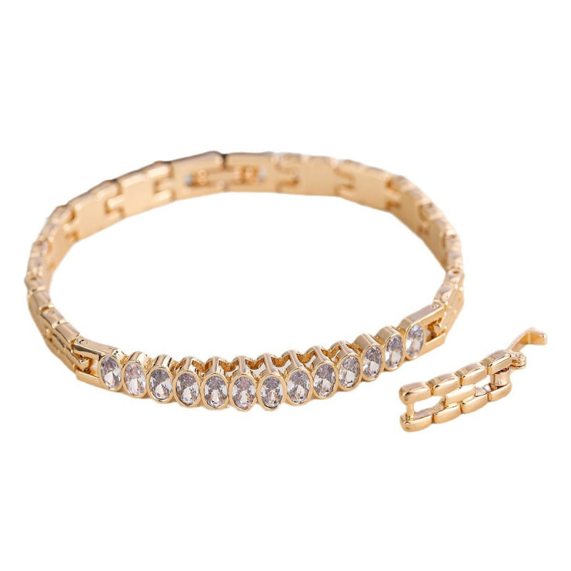 Oval Inlay Bangle Featuring Zircon In Electroplated Copper, 1 PCS Package