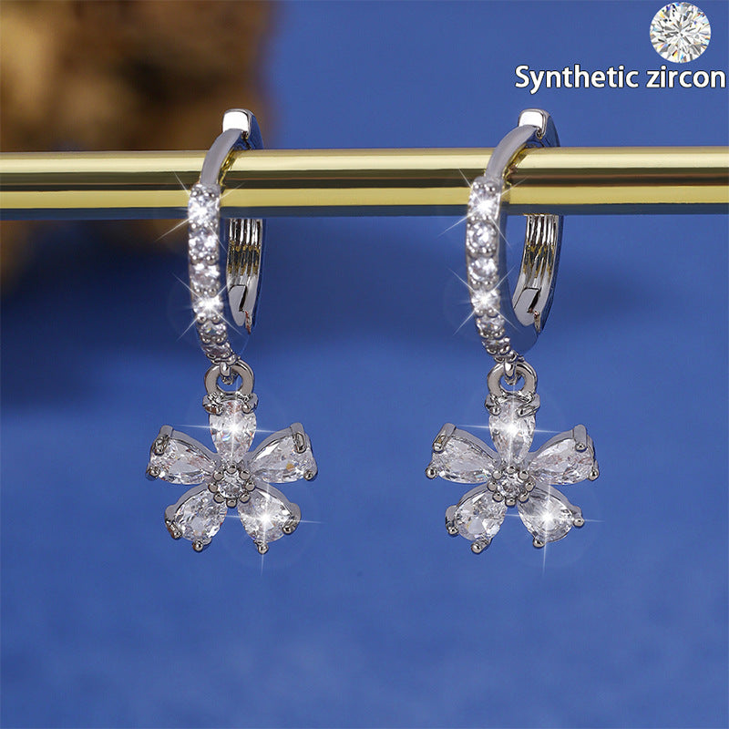 Flowers Stud Earrings In Copper Alloy With Zircon Inlay, For Women Featuring Copper Ear Pins