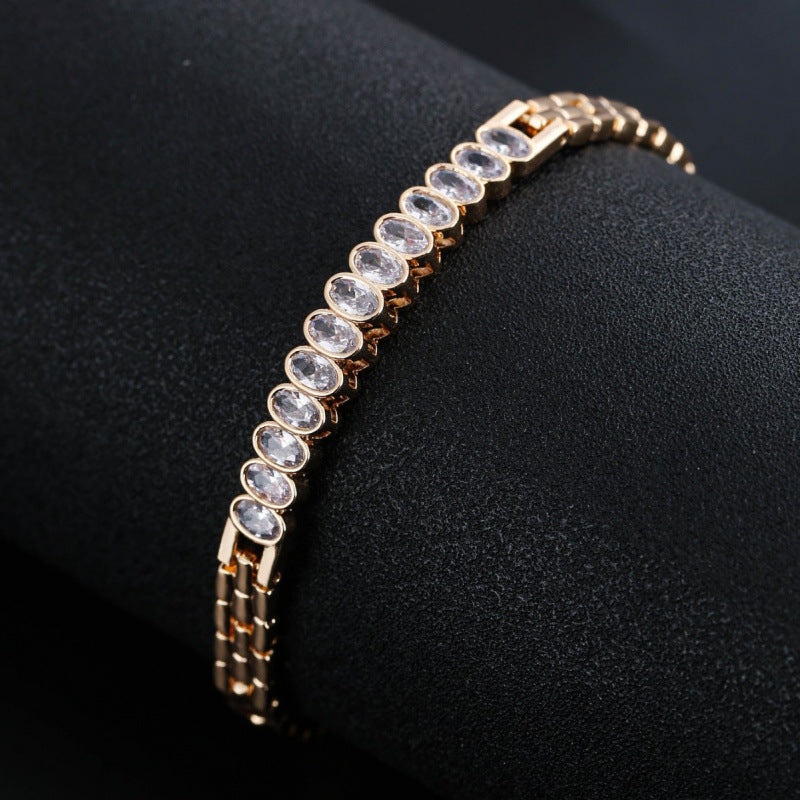 Oval Inlay Bangle Featuring Zircon In Electroplated Copper, 1 PCS Package