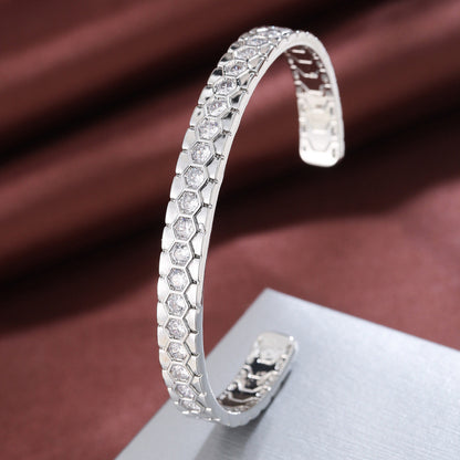 Honeycomb Simple Style Bangle For Women In Copper With Electroplated Gold Plating And Zircon Inlay