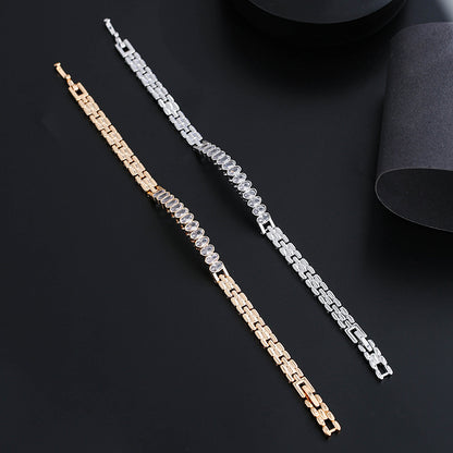 Oval Inlay Bangle Featuring Zircon In Electroplated Copper, 1 PCS Package