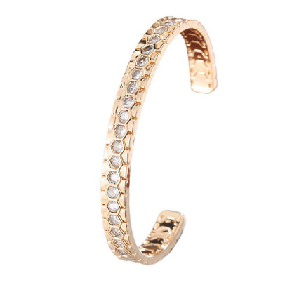 Honeycomb Simple Style Bangle For Women In Copper With Electroplated Gold Plating And Zircon Inlay