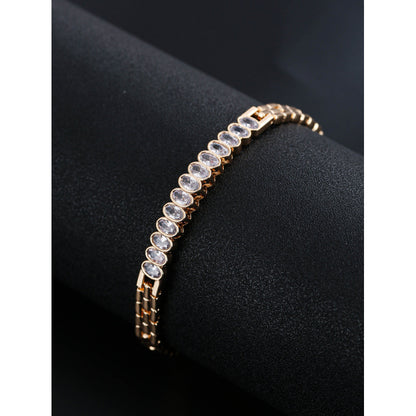 Oval Inlay Bangle Featuring Zircon In Electroplated Copper, 1 PCS Package