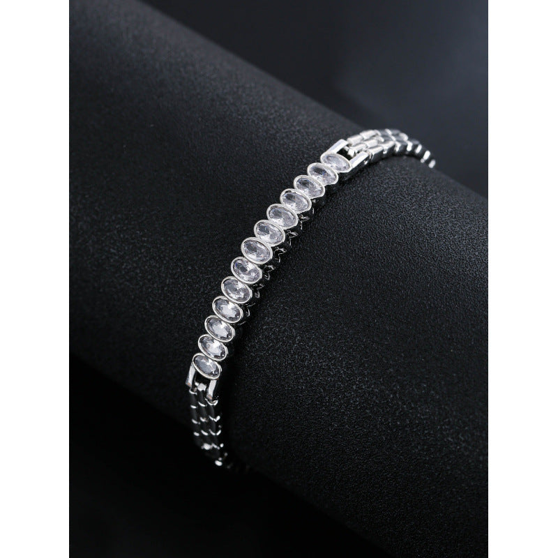 Oval Inlay Bangle Featuring Zircon In Electroplated Copper, 1 PCS Package