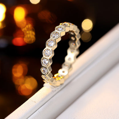 Honeycomb Electroplated Copper Ring With Zircon Inlay, For Women