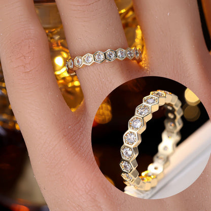 Honeycomb Electroplated Copper Ring With Zircon Inlay, For Women