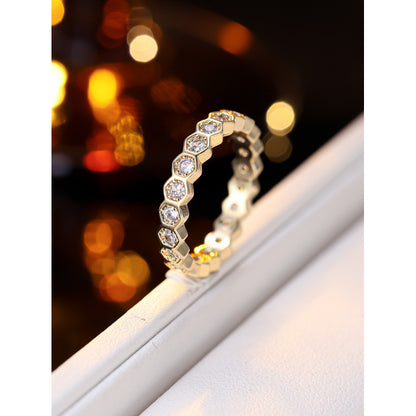 Honeycomb Electroplated Copper Ring With Zircon Inlay, For Women