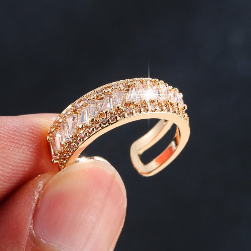 Geometric Open Rings For Women In Gold Electroplated Copper With Zircon Inlay