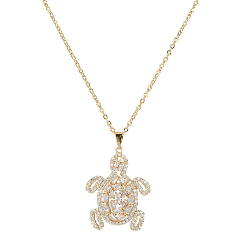 Three-dimensional Tortoise Pendant Necklace For Men In Gold With Copper Pendant And Zircon Inlay On Snake Chain, Hip-Hop Style