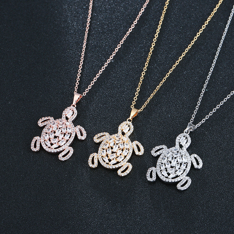 Three-dimensional Tortoise Pendant Necklace For Men In Gold With Copper Pendant And Zircon Inlay On Snake Chain, Hip-Hop Style