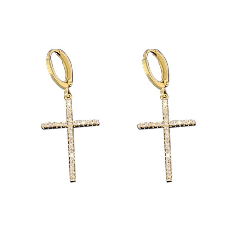 Gold Cross Earrings For Women Featuring Copper Studs And Rhinestone Inlay